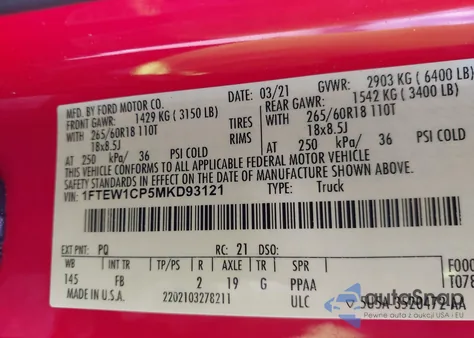 2021 Ford F-150 Xlt z USA, uszkodzony, nr VIN 1FTEW1CP5MKD93121